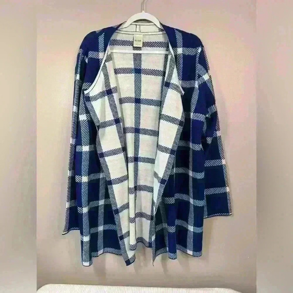 Blair blue white window pane plaid open front cardigan slight funnel neck sz XL - Picture 1 of 8